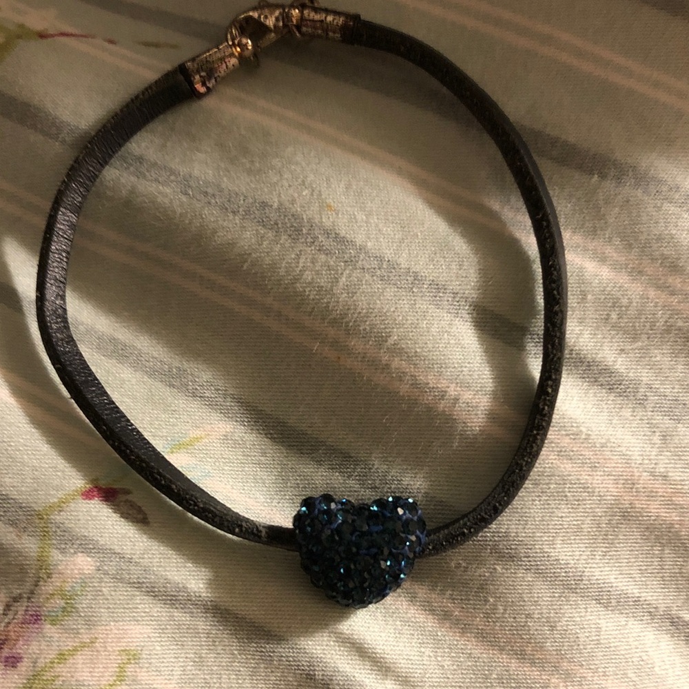 Blue heart Swarovski crystal leather bracelet with silver clasp
